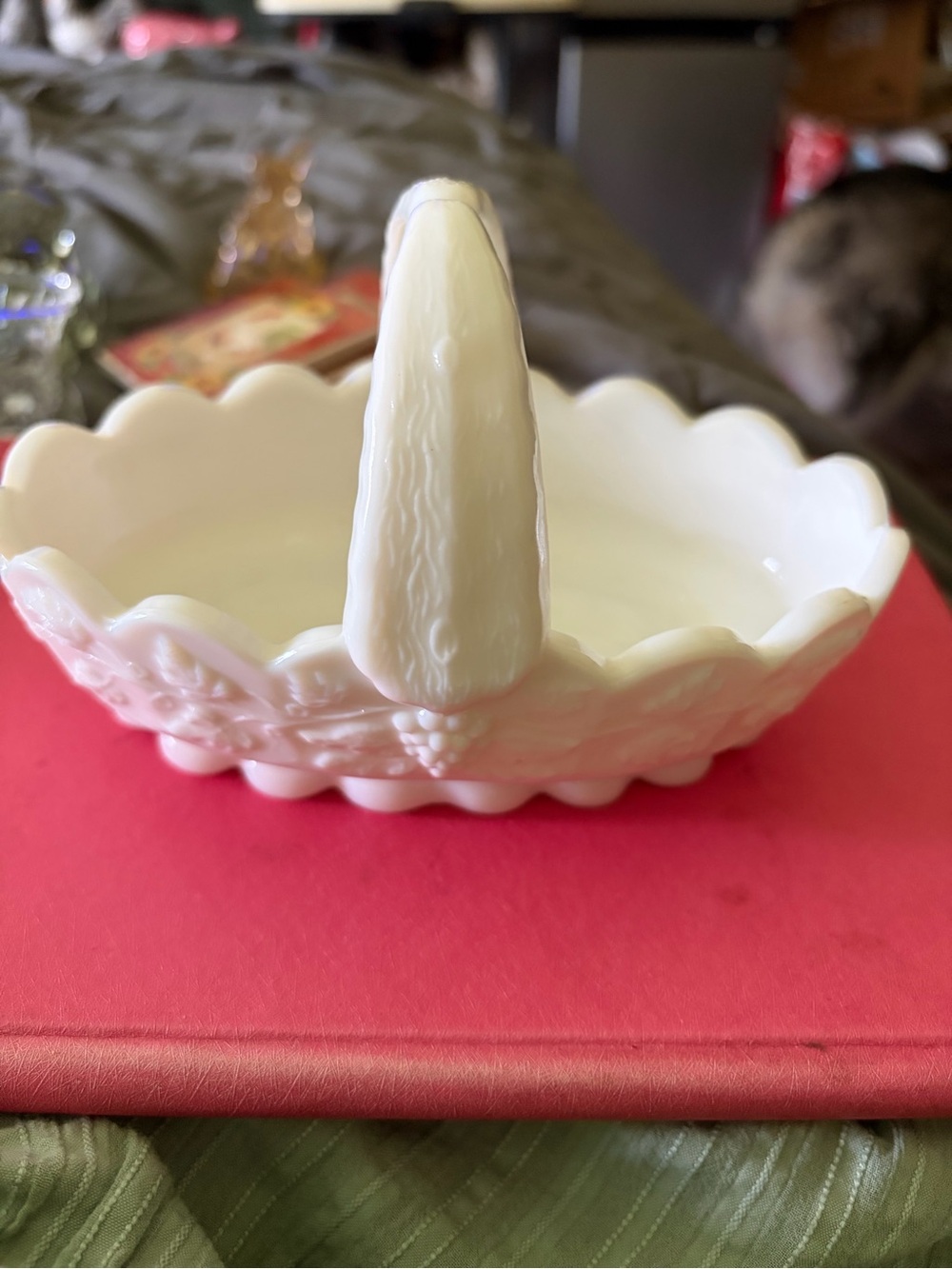 White Milk Glass Basket with Scalloped Edge